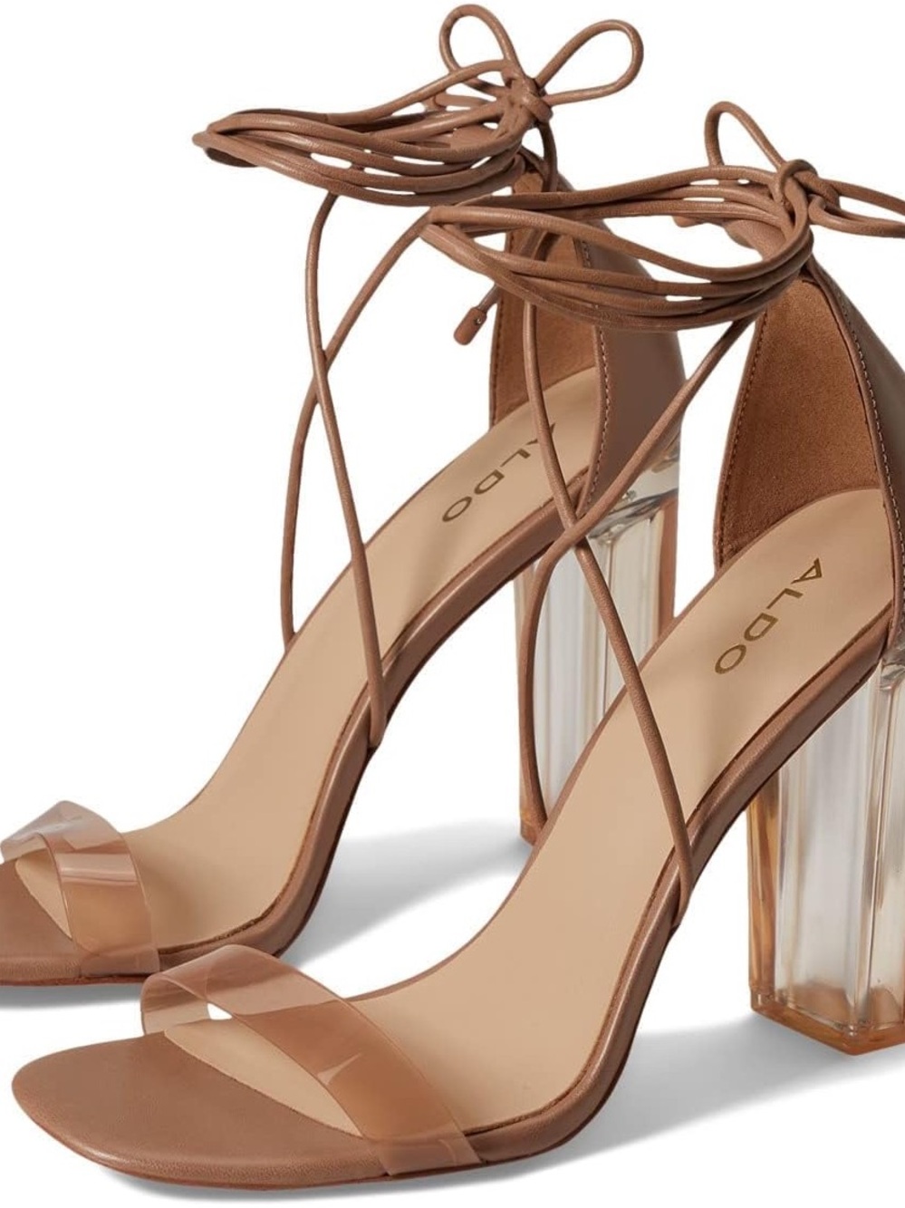 ALDO Onardonia Ankle Tie Clear Heels in Tan
